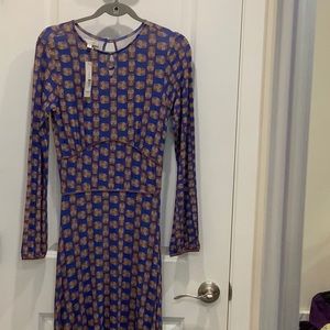 DOWNEAST MAXI women’s dress. Blue with brown owls, NWT!  Size small